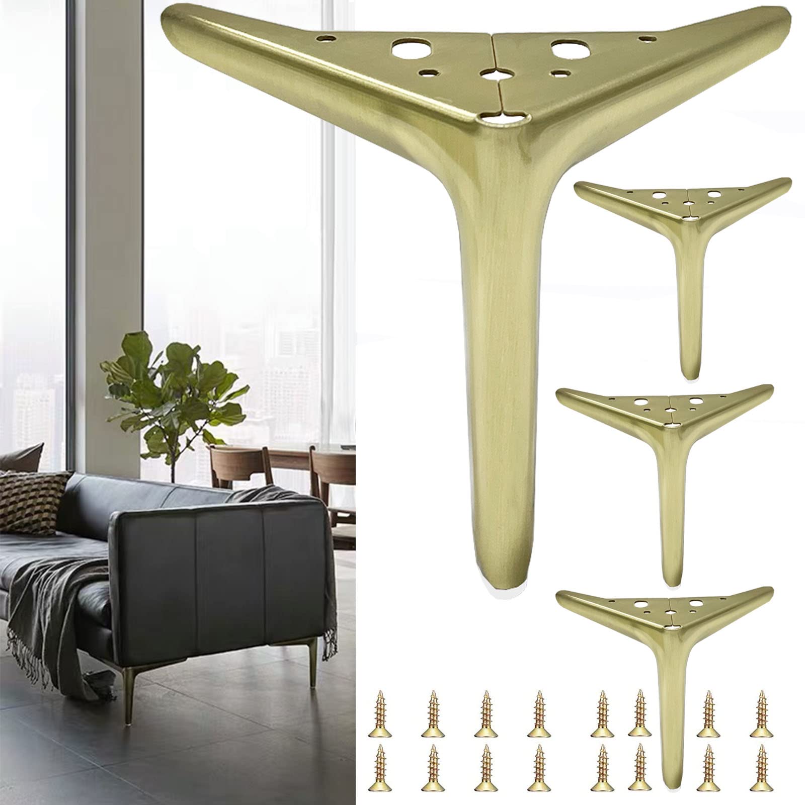 6 inch/15cm Brushed Gold Metal Furniture Legs Set of 4, Modern Style Furniture Legs, DIY Replacement for TV Stand, Sofa, Chair, Cabinet Cupboard