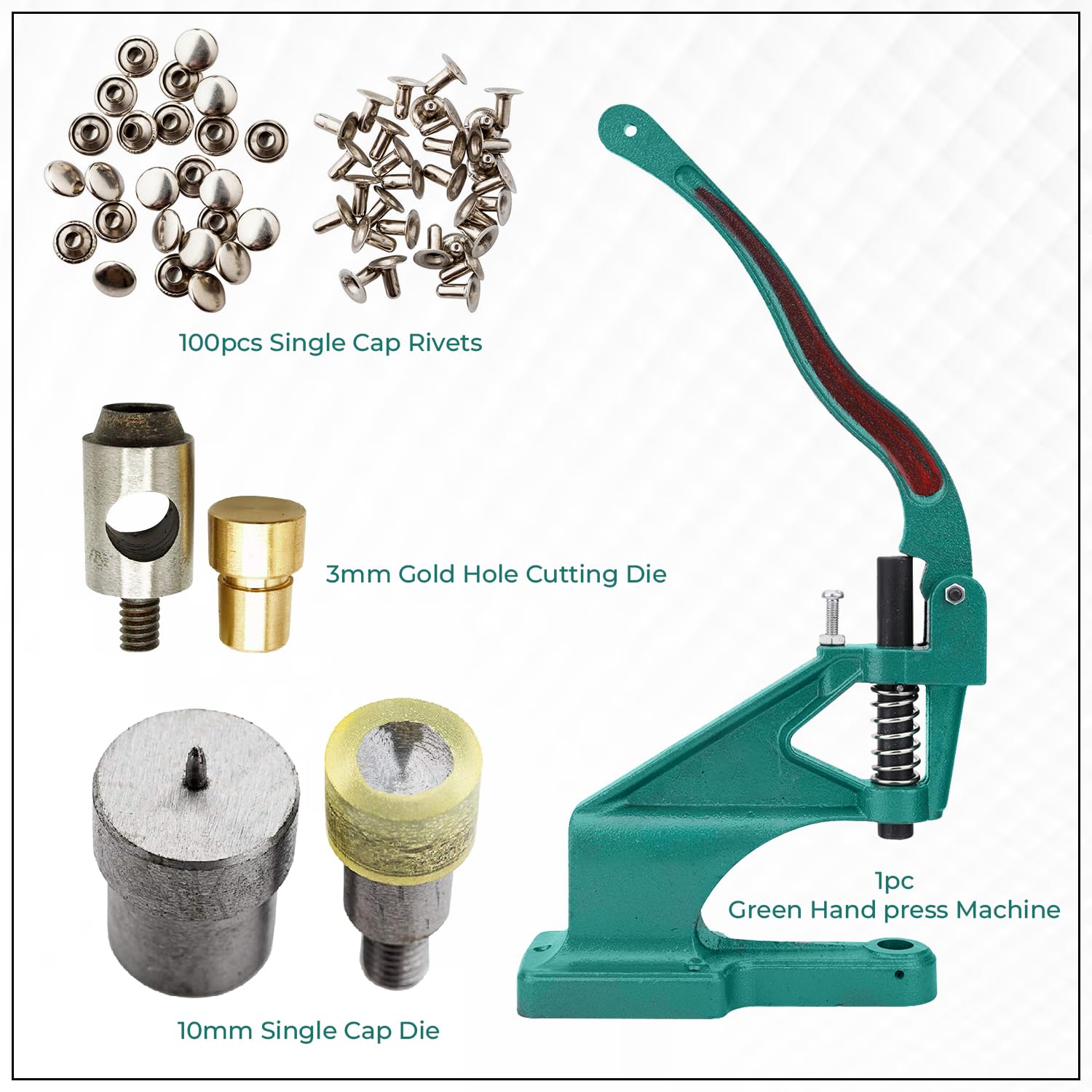 WedDecor Remaches de cuero de 10 mm, remaches tubulares de metal con prensa manual de máquina verde, juego de troqueles de corte de agujeros y troqueles de fijación de remaches, para manualidades de