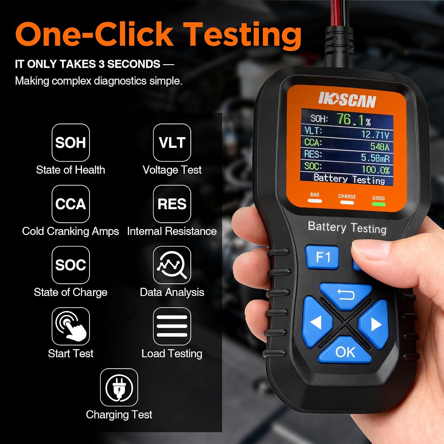 IKOSCAN K1S Automotive Battery Tester 12V 24V Battery Tester for Cars Trucks RVs Motorcycle ATV SUV Boats Yacht 100-2000 CCA Cranking Charging System Analyzer with 1.77 Color LCD
