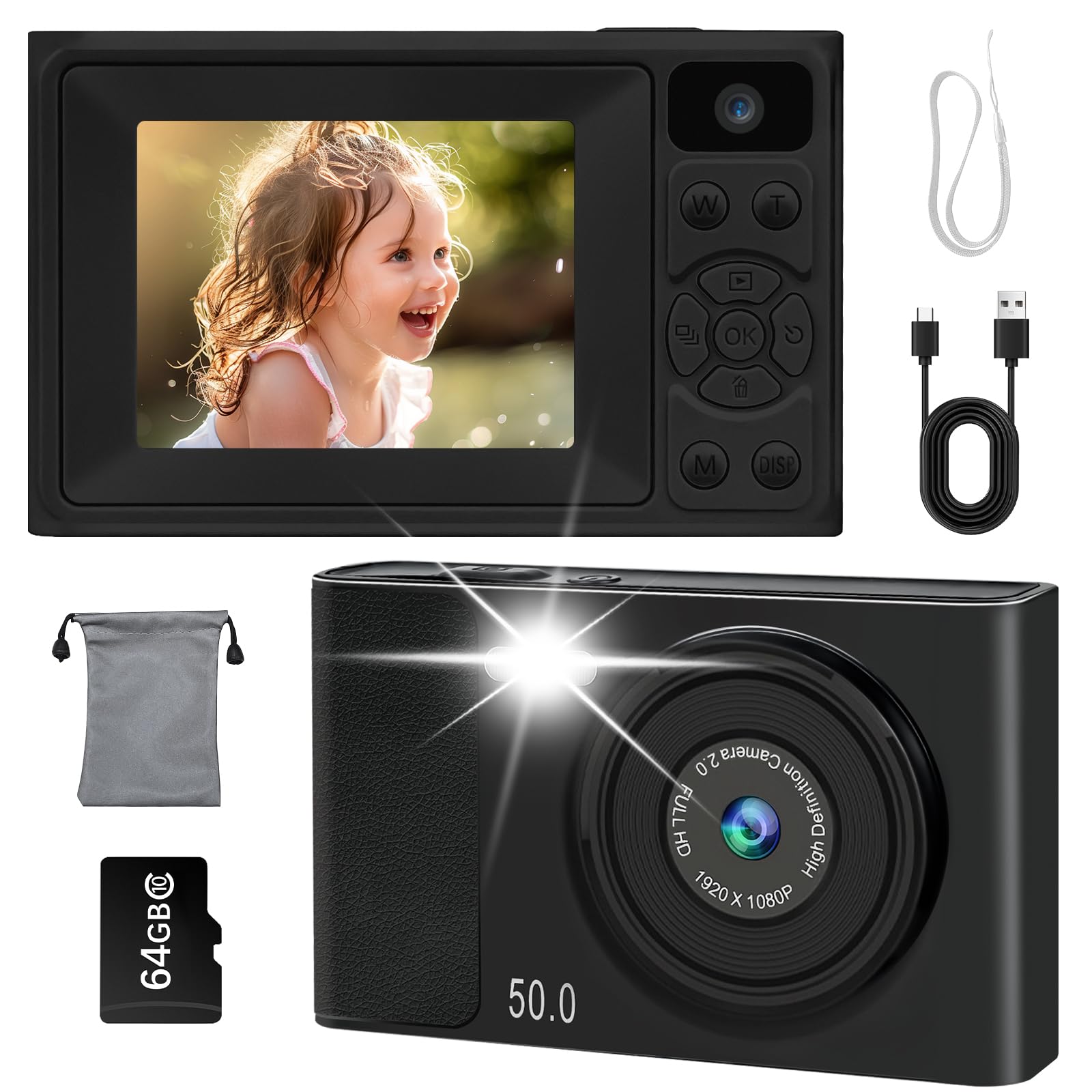 Digitalkamera 1080P 48MP Fotokamera Kamera, Tragbare Kompaktkamera mit 2,4" LCD Bildschirm & 64GB SD-Karte, Geschenk für Kinder Teenager Studenten Anfänger