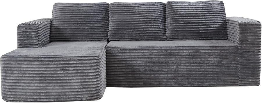 Panana L-Shape Corner Boneless Sofa,Modular Sectional Chaise Lounge, Boneless Couches,Corduroy Fabric Sofa Bed for Living Room   No Assembly Required Grey, Left Chaise