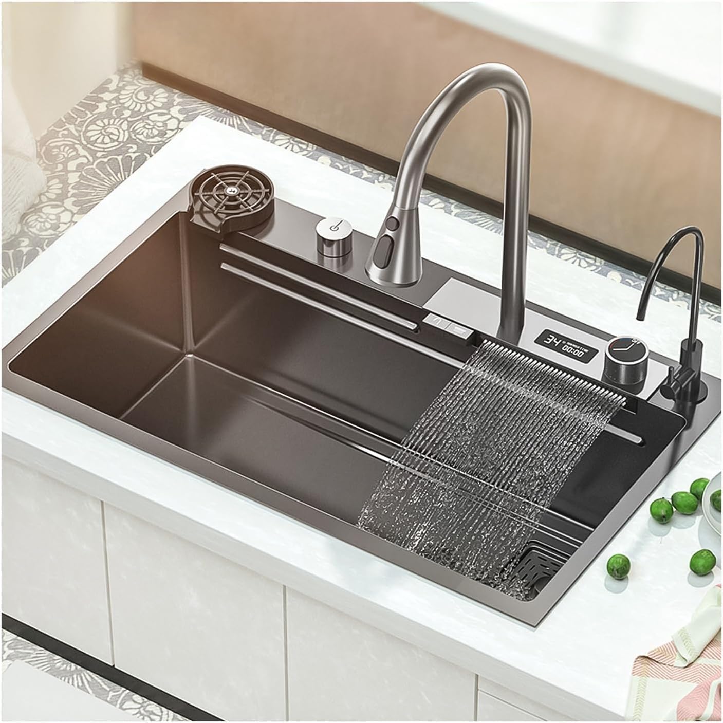 LMYSXAOZ Stainless Steel Kitchen Sink with PullOut Faucet Large Single Bowl Nano Waterfall Design BlackGrey 75x46cm Complete Accessories for Modern Workspaces