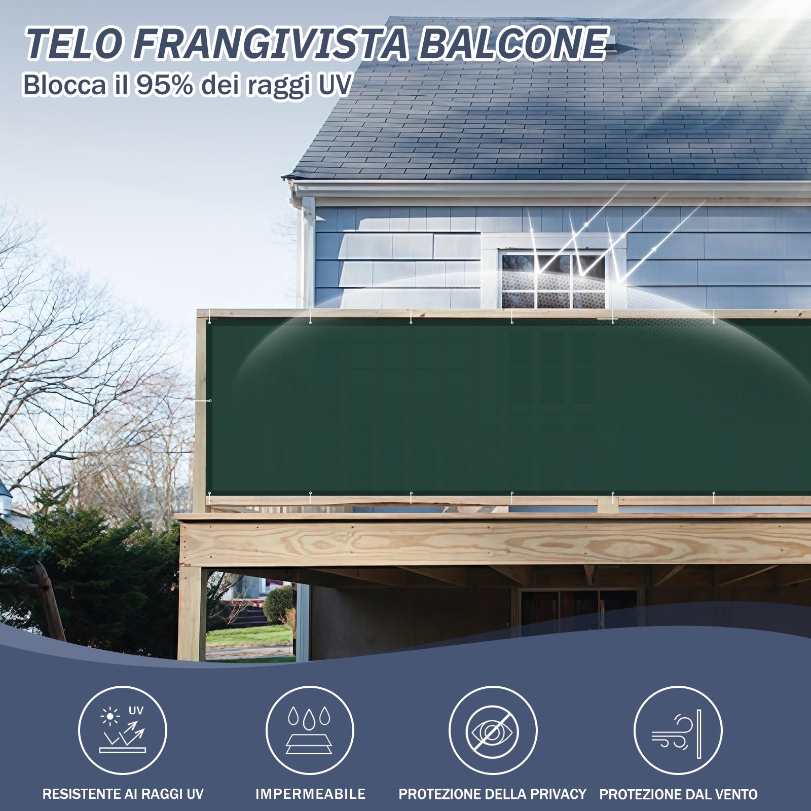 HENG FENG Frangivisto Balcone 0.9x8m, PES Impermeabile Copri ringhiera Balcone, UV-Resistente, Protezione della Privacy, con Cinghie, Verde