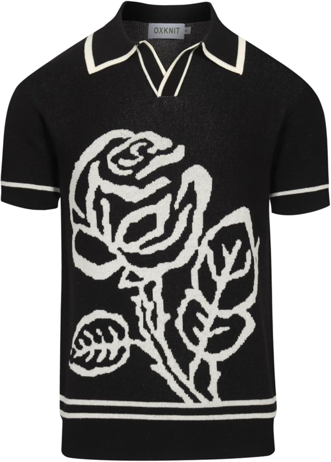 OXKNIT Men's Knit Polo Shirts, 1960s Mod Style Retro Rose Pattern Short Sleeves Casual V-Neck Short Shirts, Black