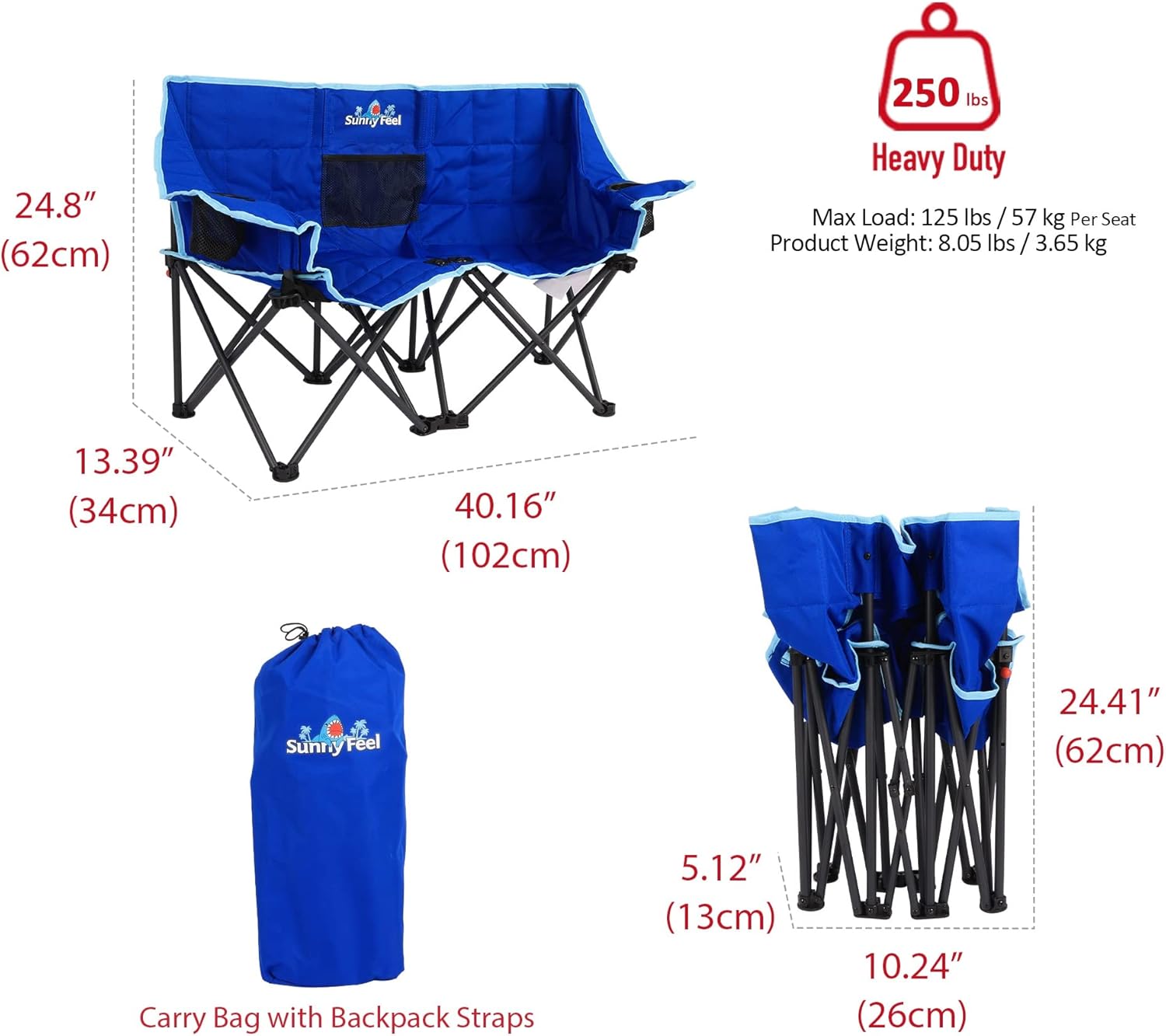 SUNNYFEEL Kids Folding Double Camping Chair, Portable Kids Camping Chairs 2 Seat Chair, Blue Padded Foldable Lawn Chairs with Cup Holder for Beach/Outdoor/Travel/Picnic, Foldable Camp Chairs 2 Person