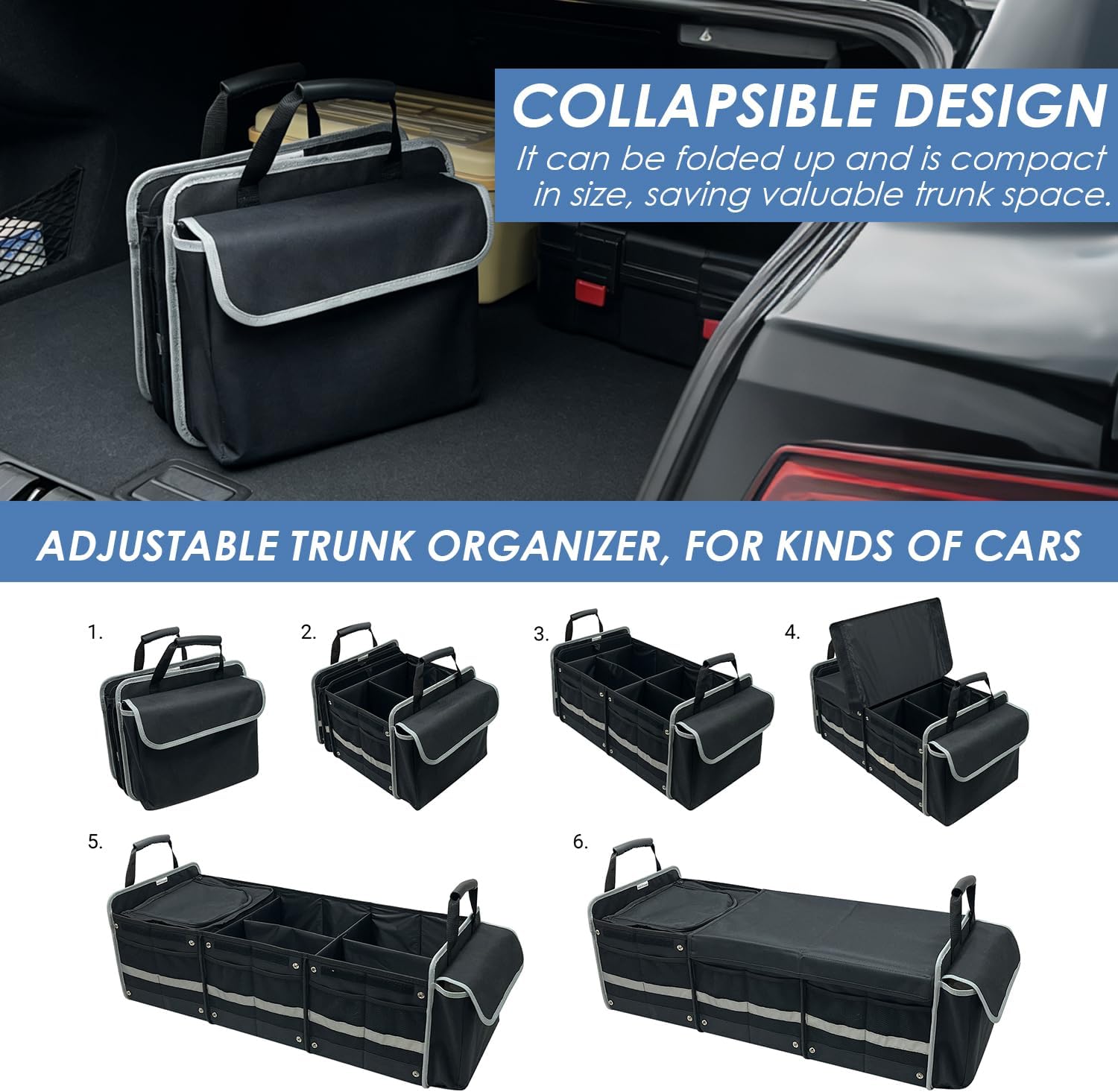 Car Trunk Organizer with Insulated Bag, 3 Compartments Trunk Organizer, 110L Collapsible Trunk Storage Box for SUV Truck Sedan