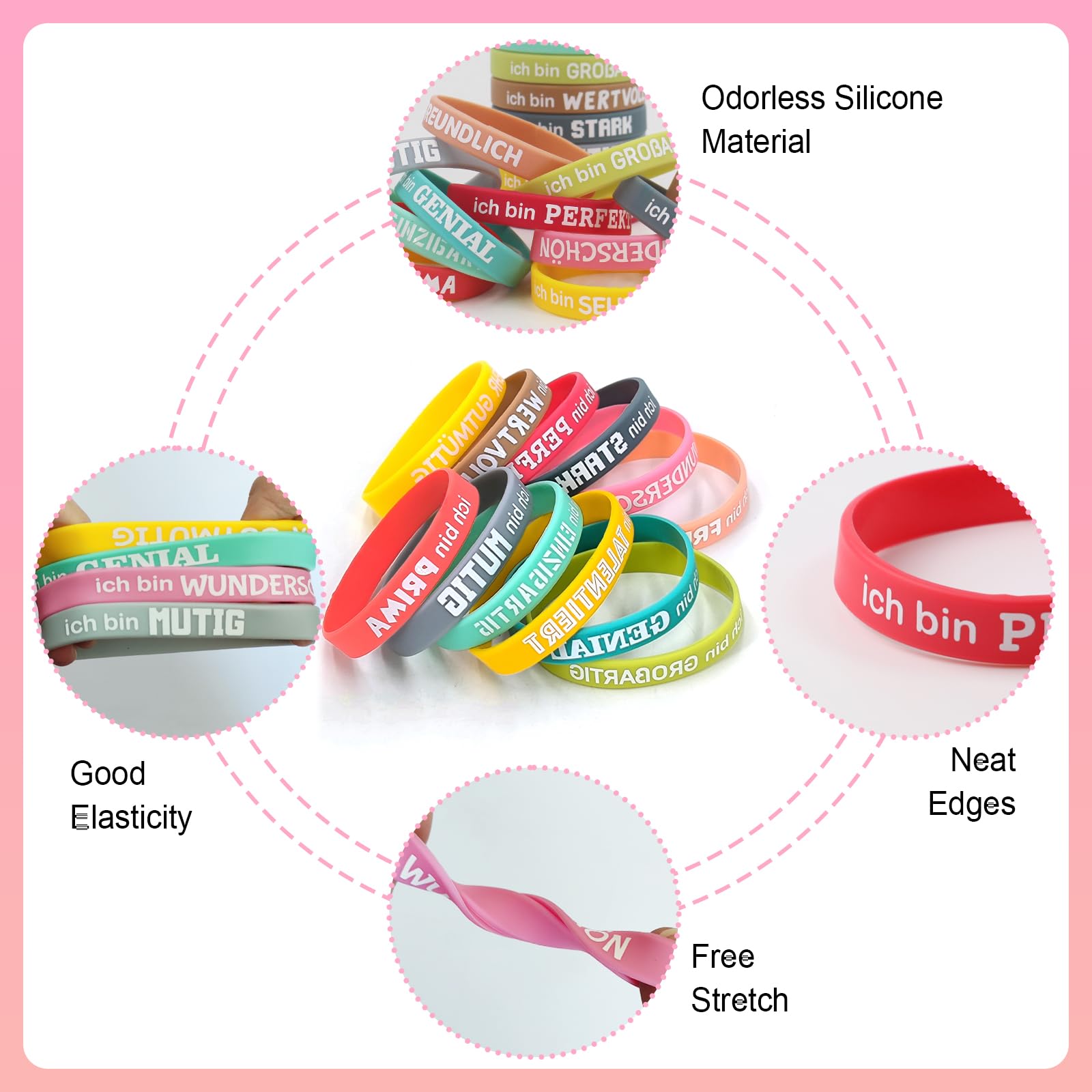 24 Braccialetti Motivazionali Per Bambini In Silicone - Frasi Positive In Tedesco, 20.2 Cm, Regalo Per Scuola E Compleanni - 2