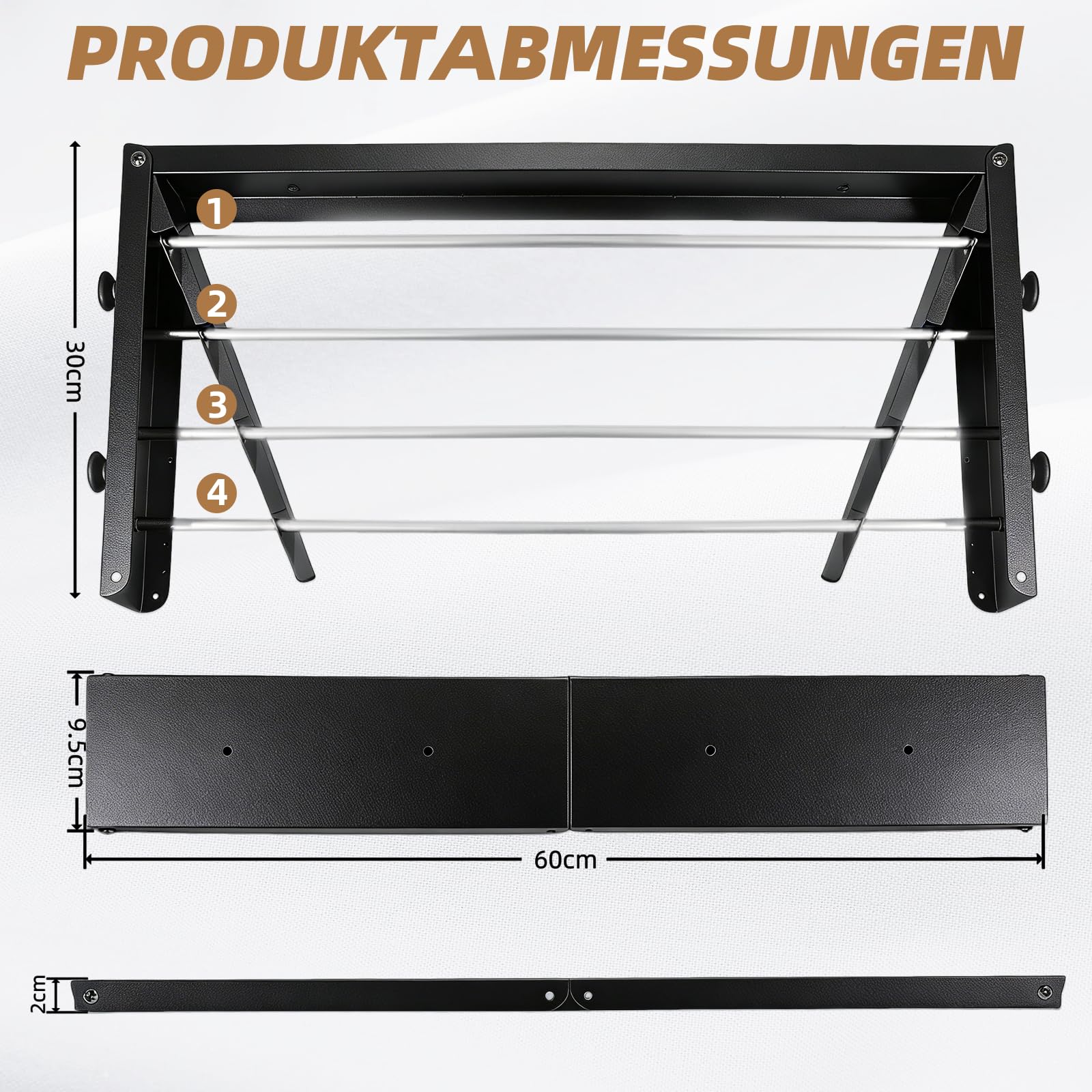 Wäscheständer, Wandmontage aus Kohlenstoffstahl, 60 cm ausziehbare Wäscheleine mit 4 Haken, Tragkraft 25 kg, platzsparender Handtuchhalter, geeignet für Balkone, Terrassen und Badezimmer (Schwarz)