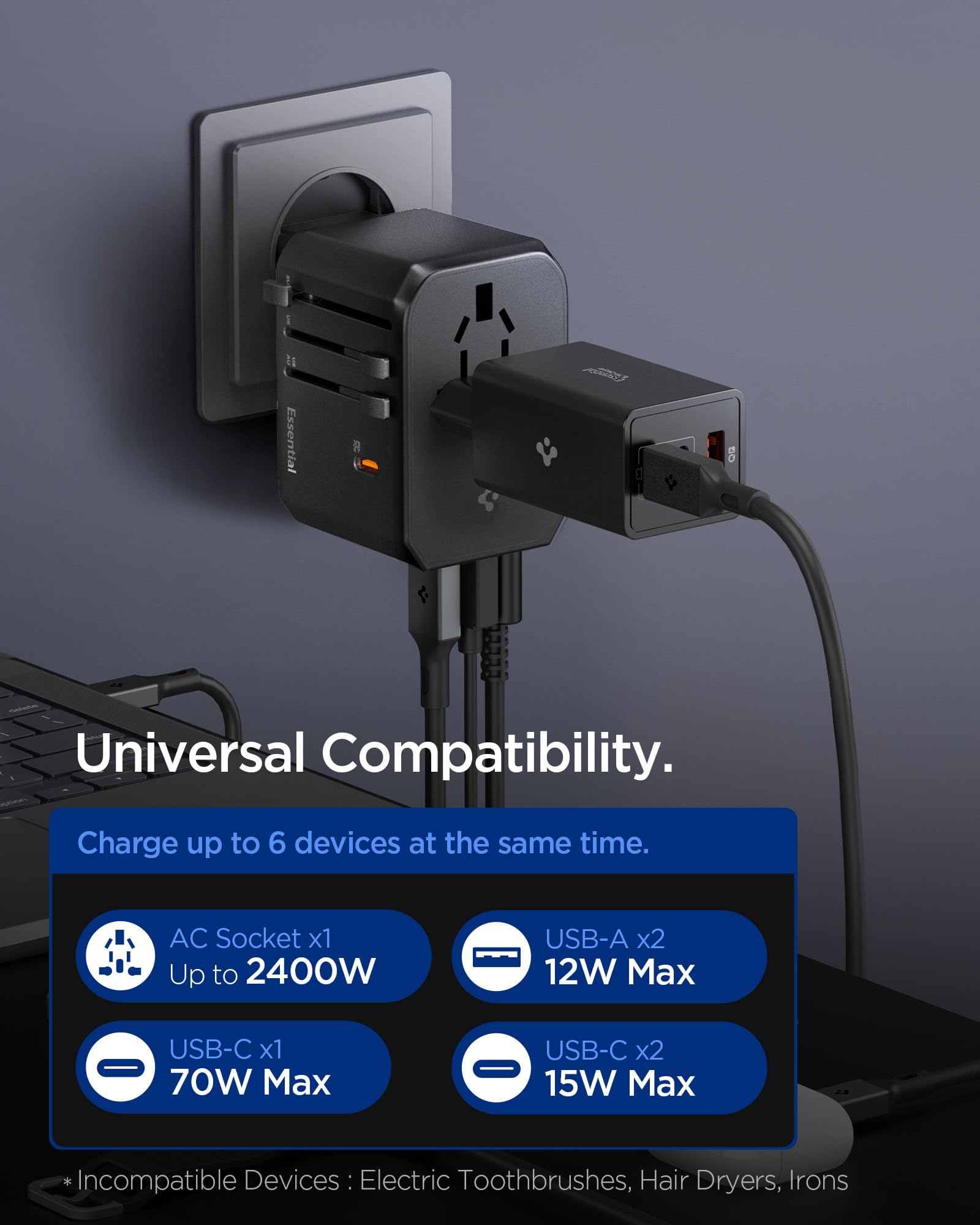 Spigen ArcStation Universele reisadapter, 45 W, [4 poorten en PD] universele stekkeradapter, 2 USB C en 2 USB A, internationale reisaccessoires voor Engels/EU/USA/Australië/Japan, zwart