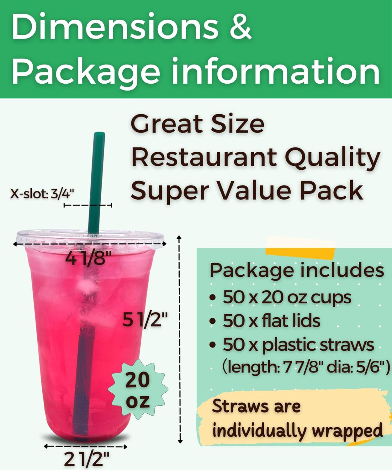Aatriet [50 Sets] 20 oz Clear Plastic Cups with Lids and Straws, Disposable Party Cups for Cold Drinks, Iced Coffee, Iced Tea, Smoothies - Image 2