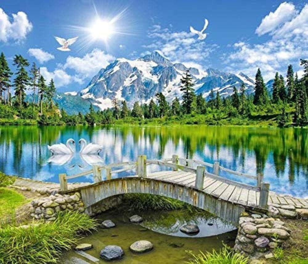 Wallpaper 3D Flowing Water Alpine Tianchi Snow Mountain Woodland Landscape Painting Tv Background Wall Living Room Living Room Tv Wall Bedroom Wallpaper Grey Wall Sticker border-250cm×170cm