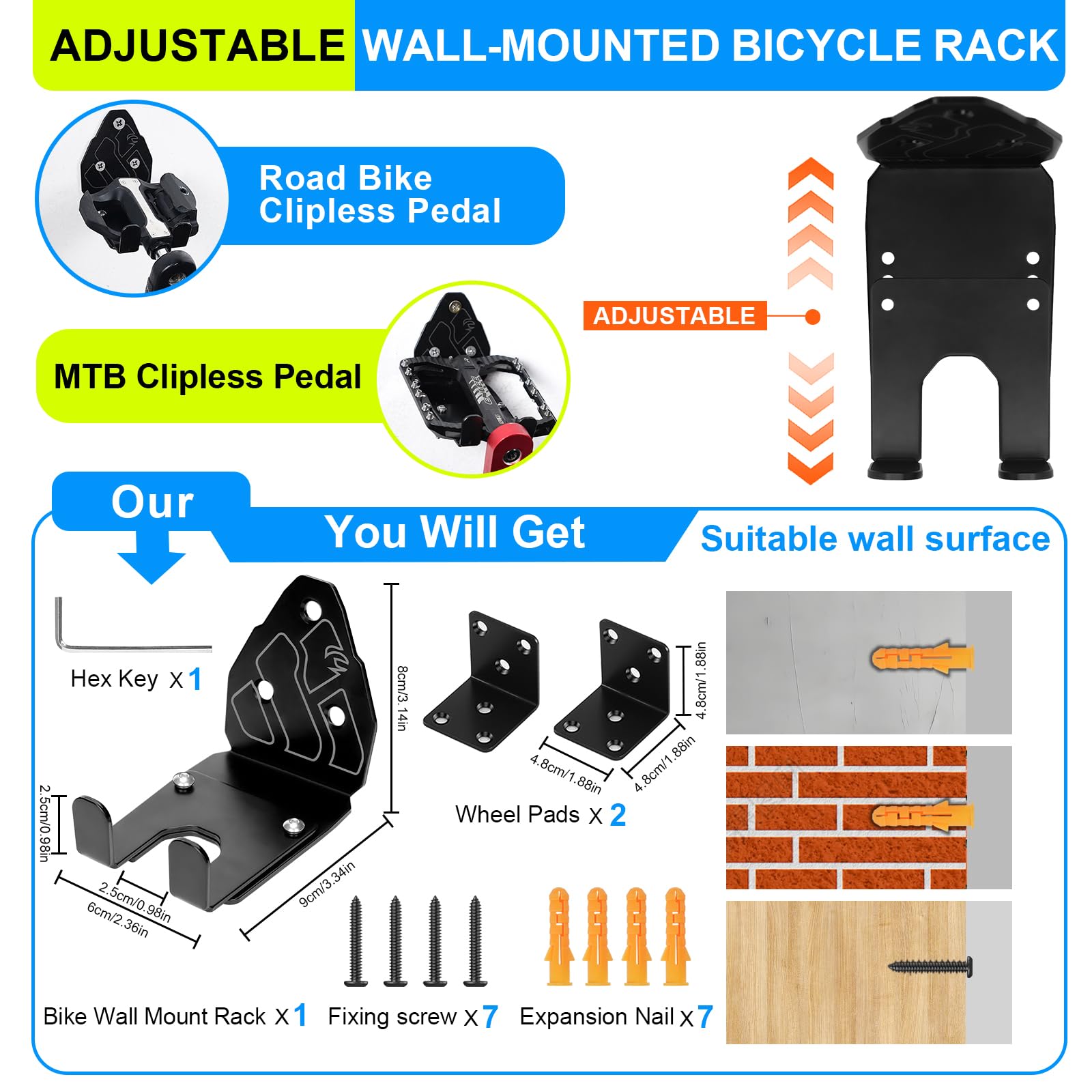 Regolabile Portabici da Muro Supporto Gancio Bici da Muro Ganci Bicicletta Parcheggio Supporto Orizzontale Parete Risparmiare Spazioper per Garage Casa E-bike MTB Bici da Corsa Accessori
