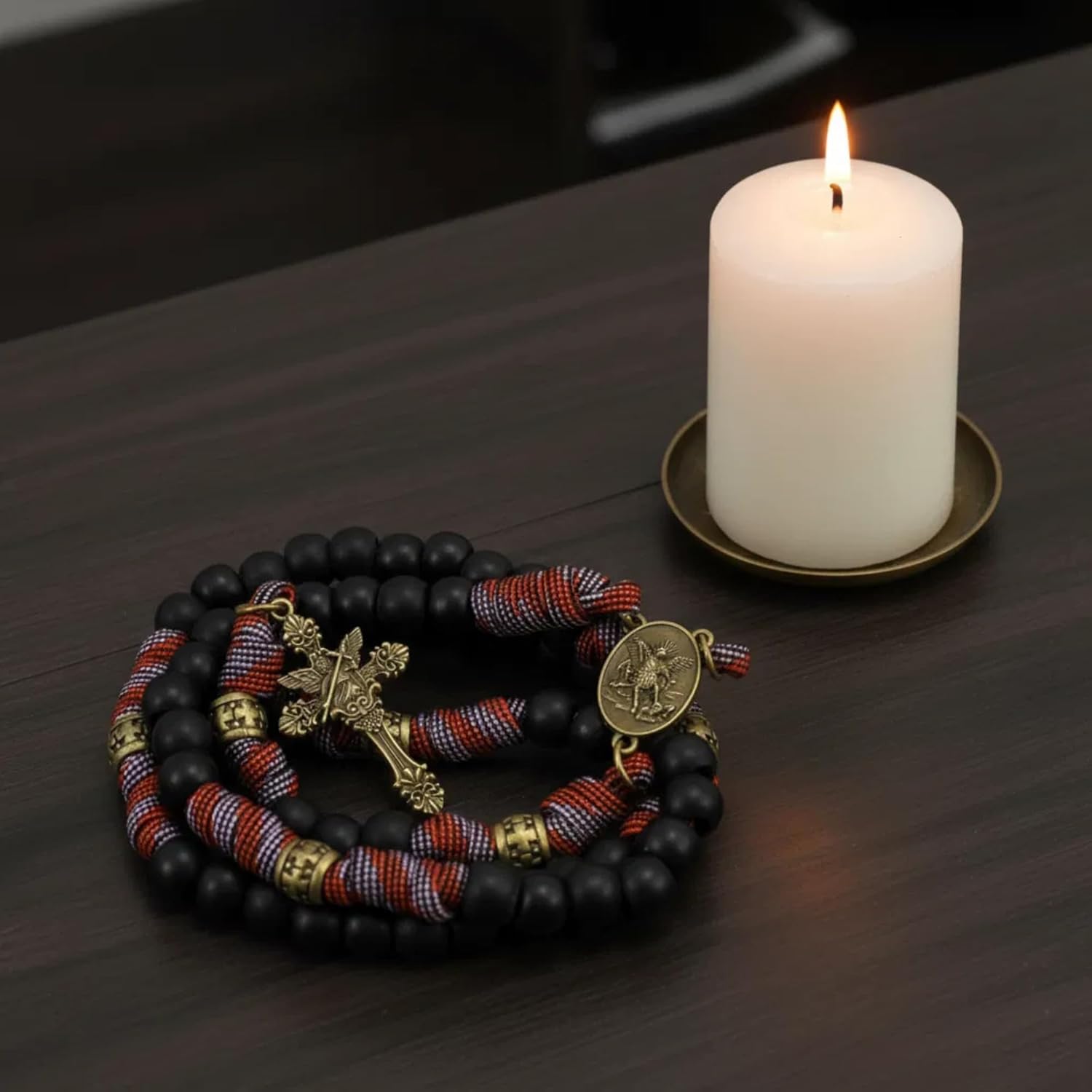 Nazareth Store Paracord Rosary Necklace 8mm Black Beads Antique Bronze Strong Rugged Corded Catholic Rosary with St.Michael Medal & Cross Crucifix - Image 4