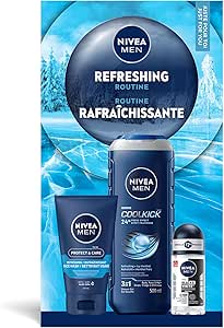 NIVEA MEN Refreshing Routine, Holiday Gift Set for All Skin Types, Includes Shower Gel, Face Wash and Roll-On Antiperspirant, 3-Piece Skincare Set