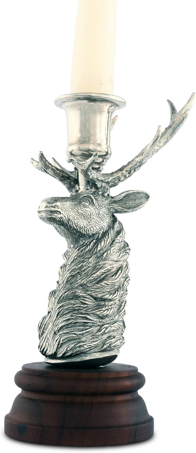 Vagabond House Pewter Elk/Deer Figure Single Taper Candlestick Artisan Designed Handcrafted for Refined Cabin Lodge Mountain Decor Heirloom Quality 7 inch Tall
