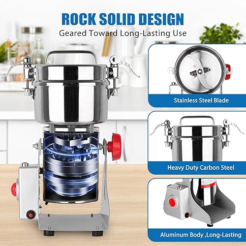 Miniatura 3 de Molinillo eléctrico de grano, molino de grano de acero inoxidable de 28.22 oz, Máquina moledora comercial de alta velocidad de 2400 W, Pulverizador