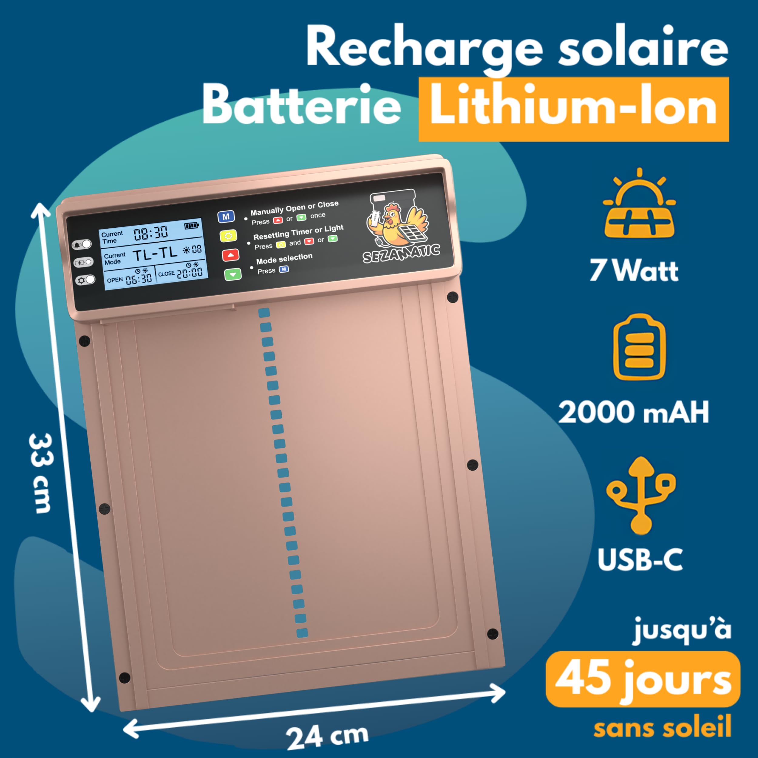 Porte Poulailler Automatique Solaire SEZAMATIC - Aluminium - Ecran LCD - Télécommande - Capteur de Lumière et Minuterie - Fonction Anti-pincement - Sécurité et Tranquillité d'esprit - Garantie 2 Ans