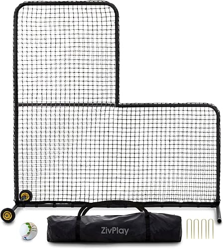 Pantalla L de béisbol para jaula de bateo, pantalla de lanzamiento, portátil, 7 x 7 pies, red protectora con ruedas de goma y pelota de entrenamiento