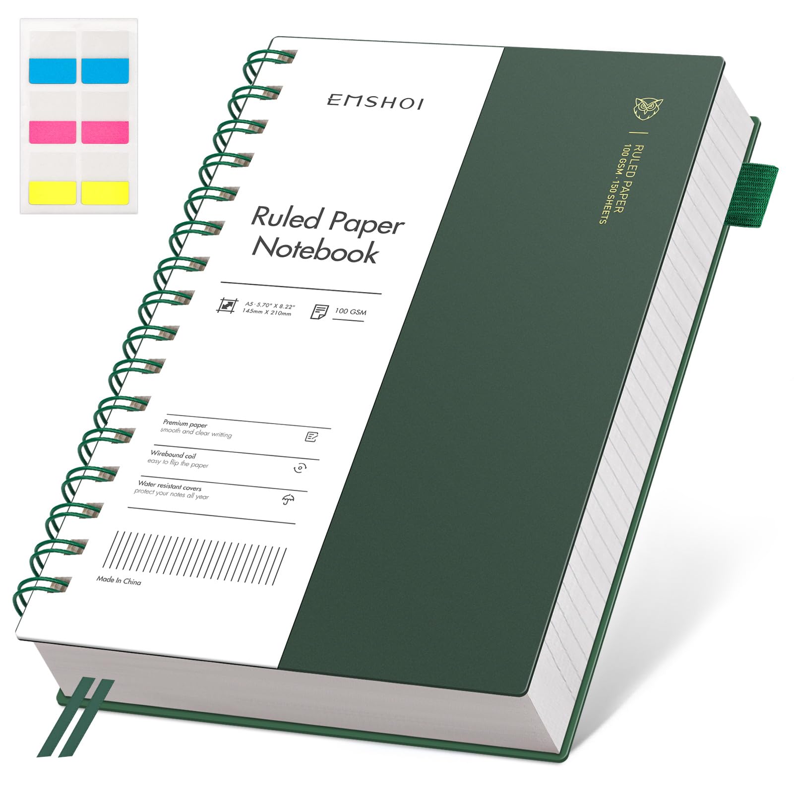 EMSHOI A5 Notebook College Ruled, Spiral Notepad 150 Sheets/300 Pages, 100gsm, PVC Cover, Sticky Notes, Pocket, Pen Loop, Ruler, Bookmark, Lined Journal for Women Men Writing, 14.5 x 21cm, Green