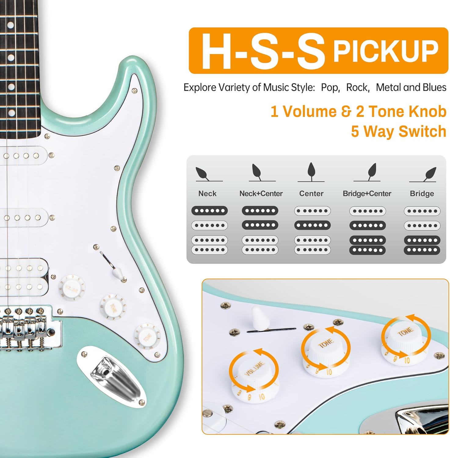 MOSEN Beginner Electric Guitar 39 inch Solid Body, HSS Pickup with Coil Split, Full Size Guitar Starter Set w/Amp, Gig Bag, Tuner, Capo, Cable, All Accessories,MS-SS60-Ice Blue