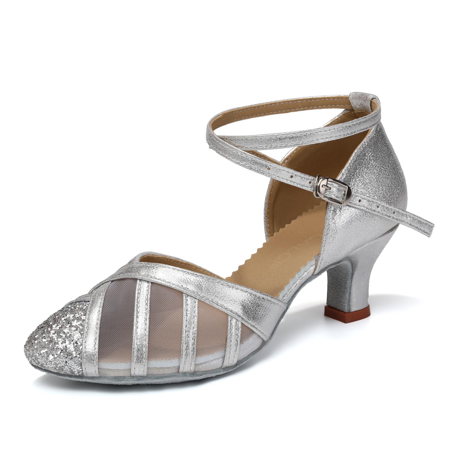 YCALCP Women Ballroom Dance Shoes Sequins Mesh Latin Salsa Performance Party Wedding Dancing Shoes, FT105,Silver,Suede Sole,2.2 inch Heel, US 8