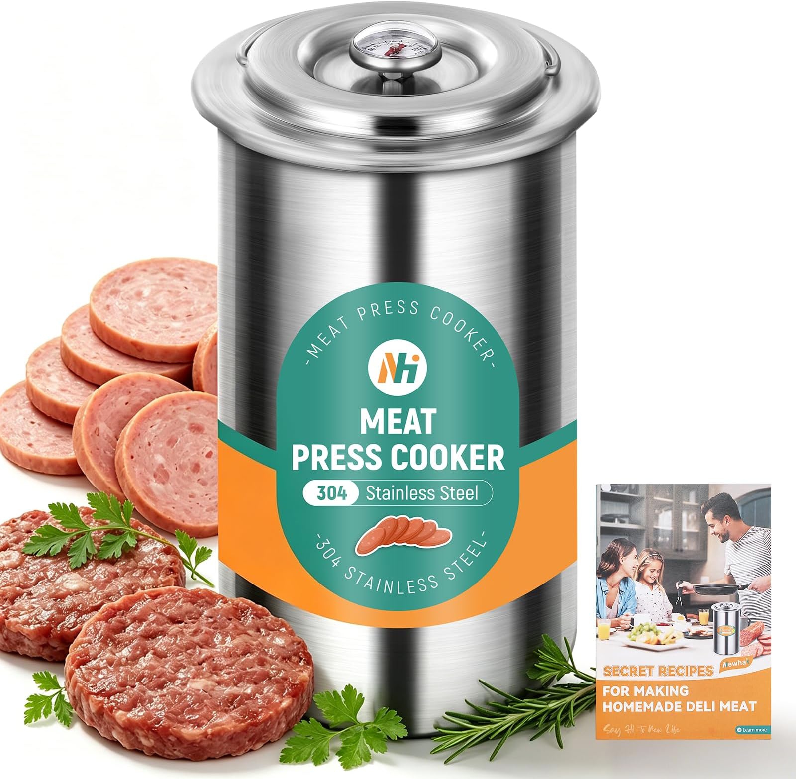 Newhai Deli Meat Maker for Making Ham Deli Lunch Homemade Sandwich Stainless Steel Meat Press Tool Cooker with Thermometer Recipes Cooking Bags