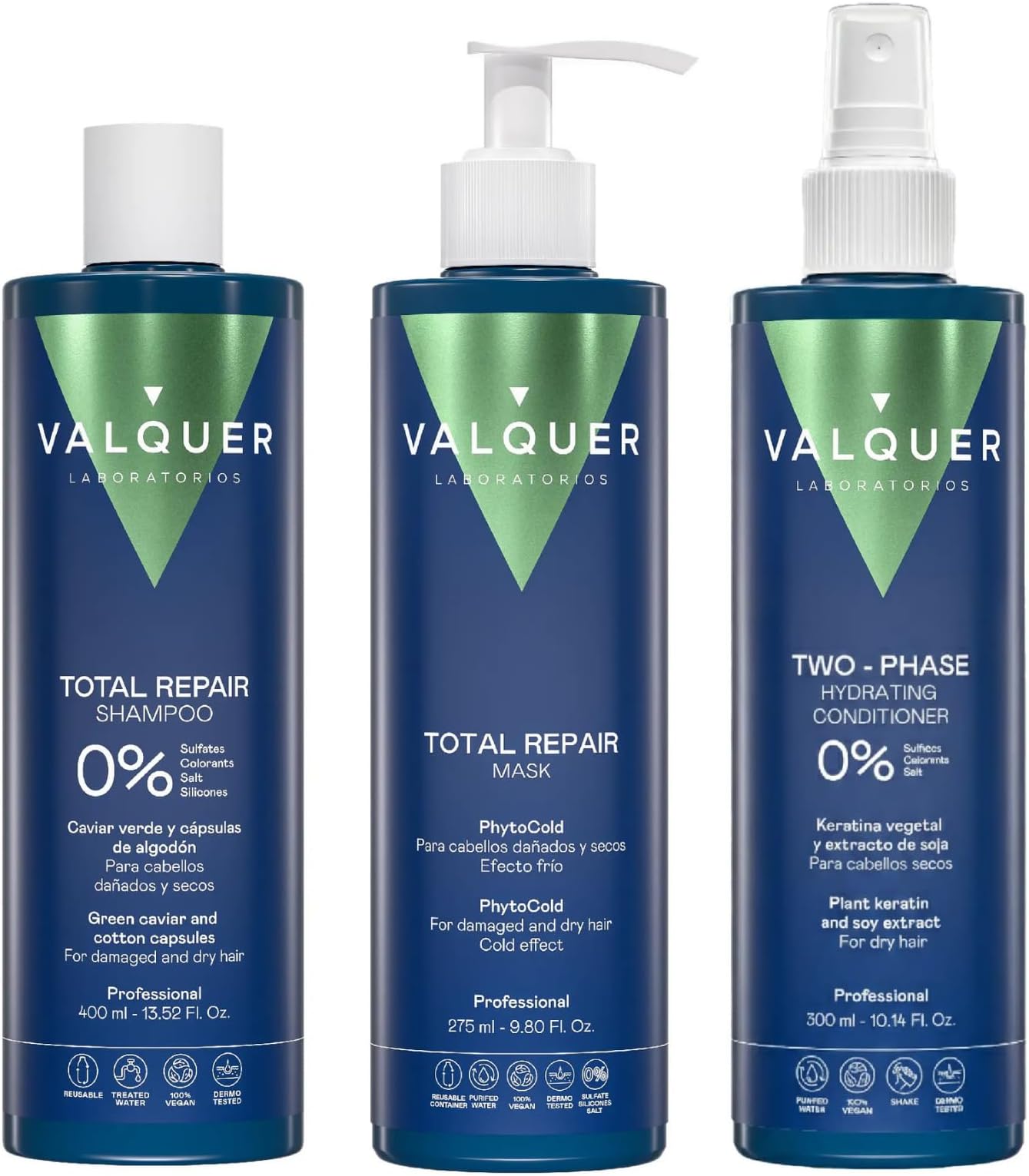 Valquer Total Repair 0% Pack Shampoo 400 ml Mask 275 ml and Bi Phase Conditioner 300 ml Repairs Softens and Nourishes Dry and Damaged Hair Intense Hydration with Green Caviar and Vitamin E.