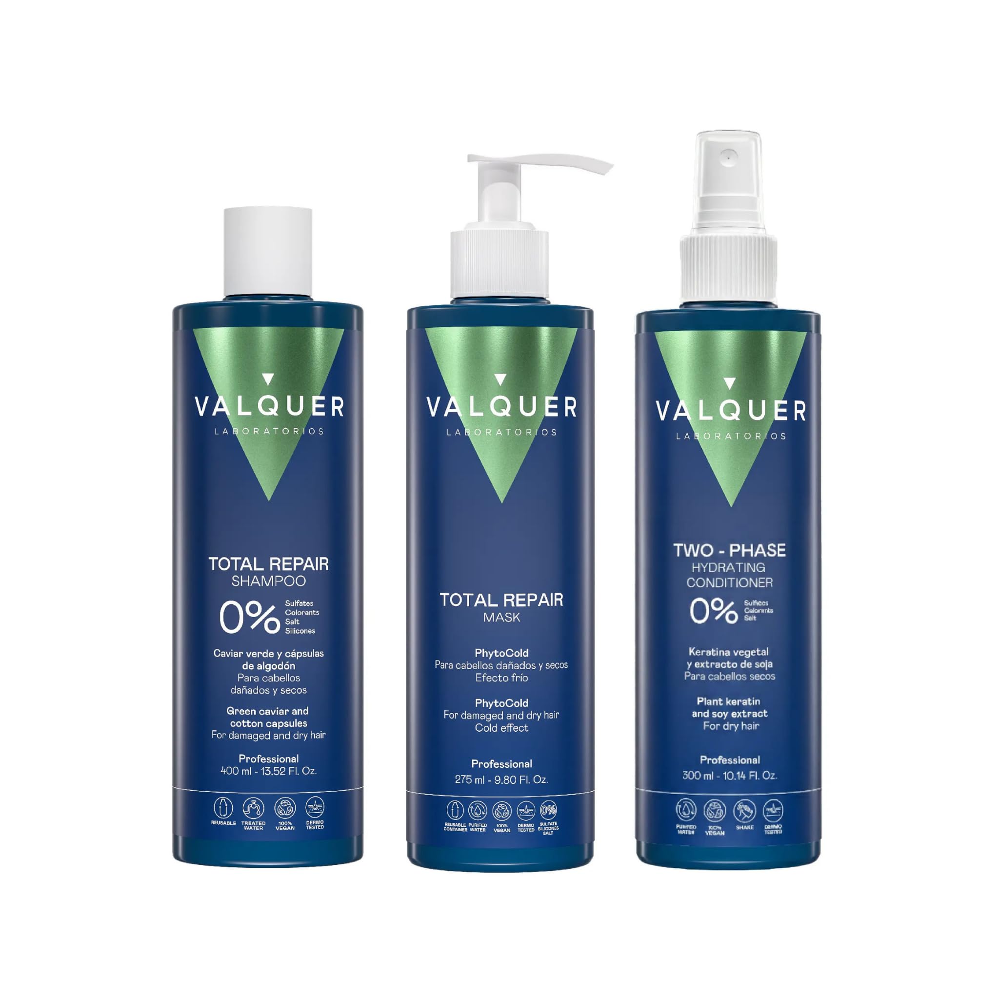 Valquer Total Repair 0% Pack Shampoo 400 ml Mask 275 ml and Bi Phase Conditioner 300 ml Repairs Softens and Nourishes Dry and Damaged Hair Intense Hydration with Green Caviar and Vitamin E.