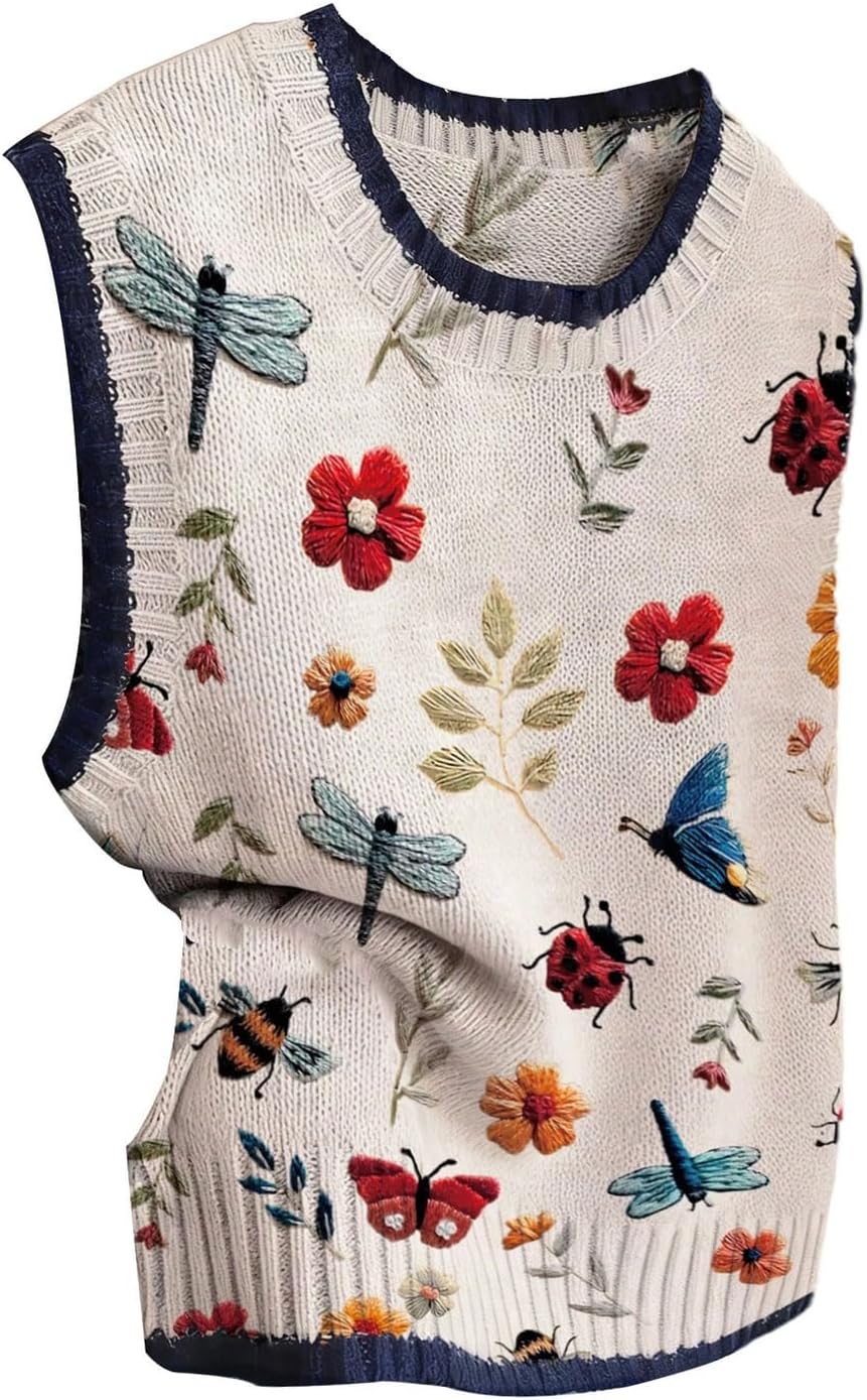 Verdusa Women's Floral Insect Print Sweater Vest Crew Neck Sleeveless Knit Tops Vacation Outfits