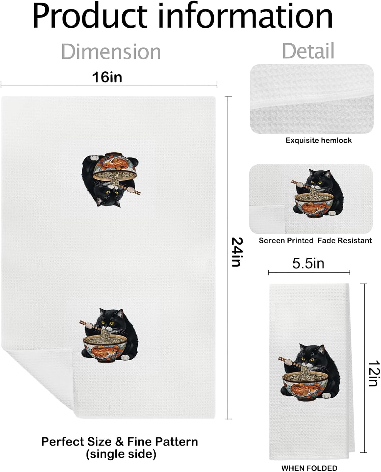 Black Cat Kitchen Hand Towels Bathroom Decor, Funny Japanese Noodle Cat Dish Towels Tea Towels for Kitchen,16x24 Inch - Image 2