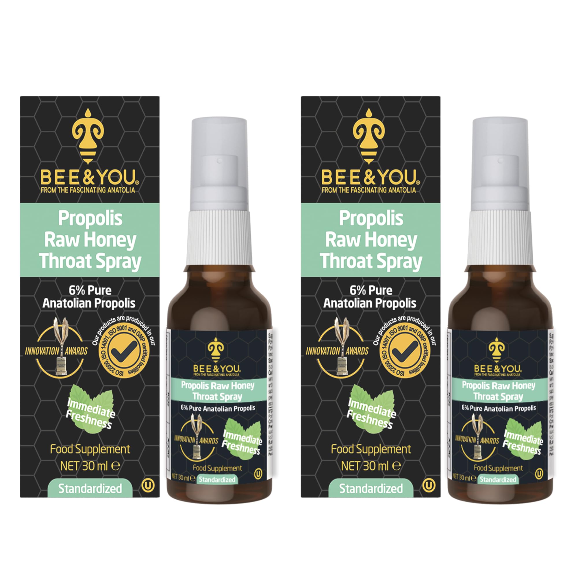 Bee and You Raw Honey Throat Spray, 100% Pure Propolis Extract, Immune Support, Sore Throat & Congestion Relief, Oral Health, Antioxidants, Natural, Keto, Paleo, Gluten-Free | 1 FL Oz (Pack of 2)