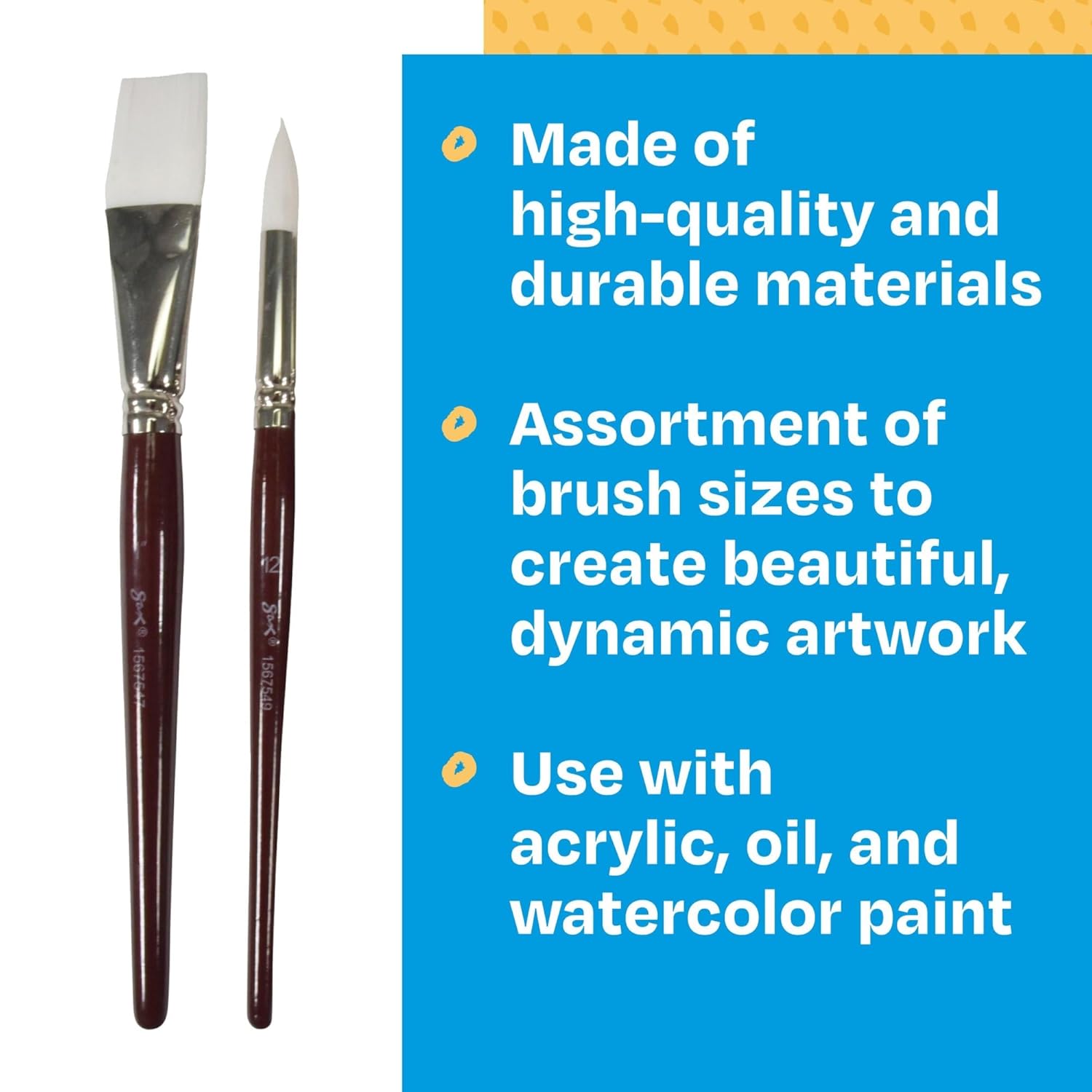Sax Optimum White Synthetic Taklon Paint Brushes, Assorted Sizes, Set of 72