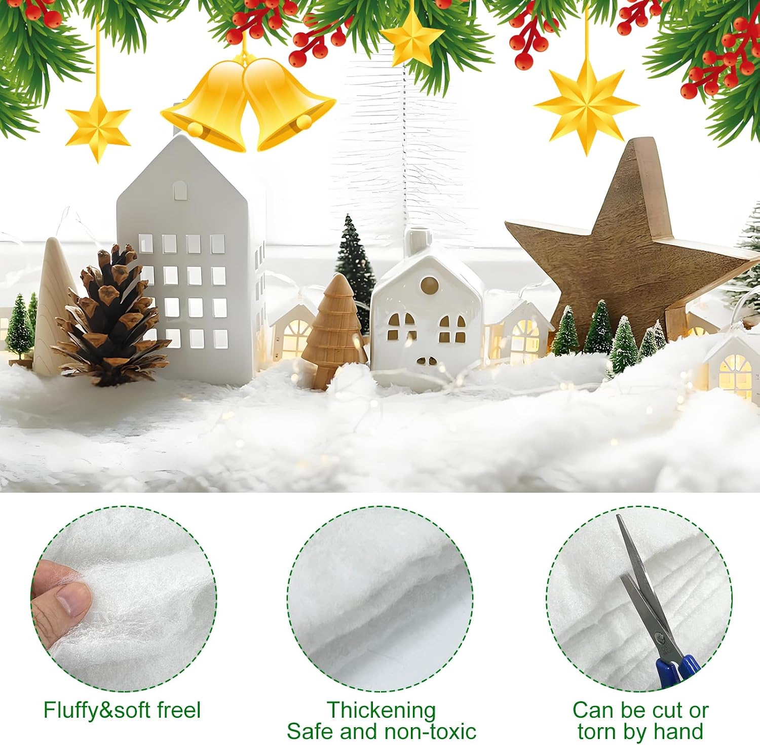 3 Pack 3 x 8 Ft Christmas Snow Blankets, Artificial Cotton Snow Blanket, White Thickened Cotton Rolls Winter Fluffy Fake Snow Sheet for Christmas Village Backdrop Decorations Party Display