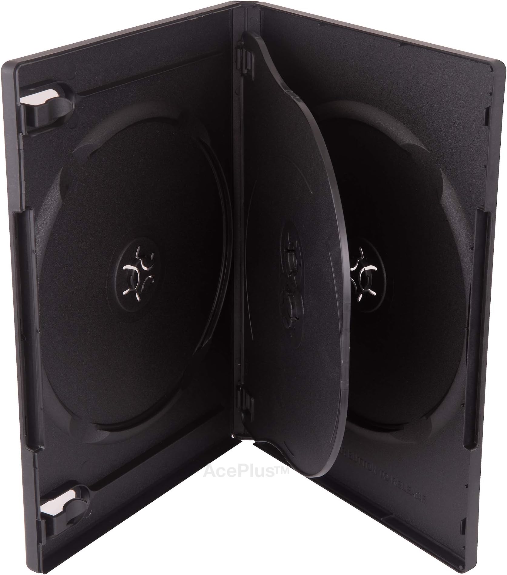Quad 4-Disc DVD Cases in Black in 14mm Standard Thickness with Inner Hinge Tray and Clear Wraparound Sleeve and Book Clips (10-Pack)