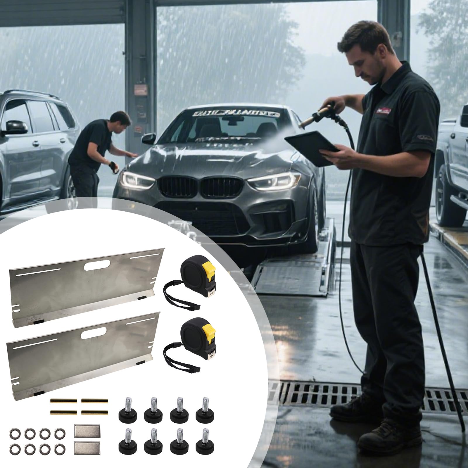 Herramientas Alineación Automotriz 2 métricas antideslizantes y placa | Kit magnético alineador de ruedas Herramienta equilibrado pesado para motos, camiones, neumáticos y reparaci