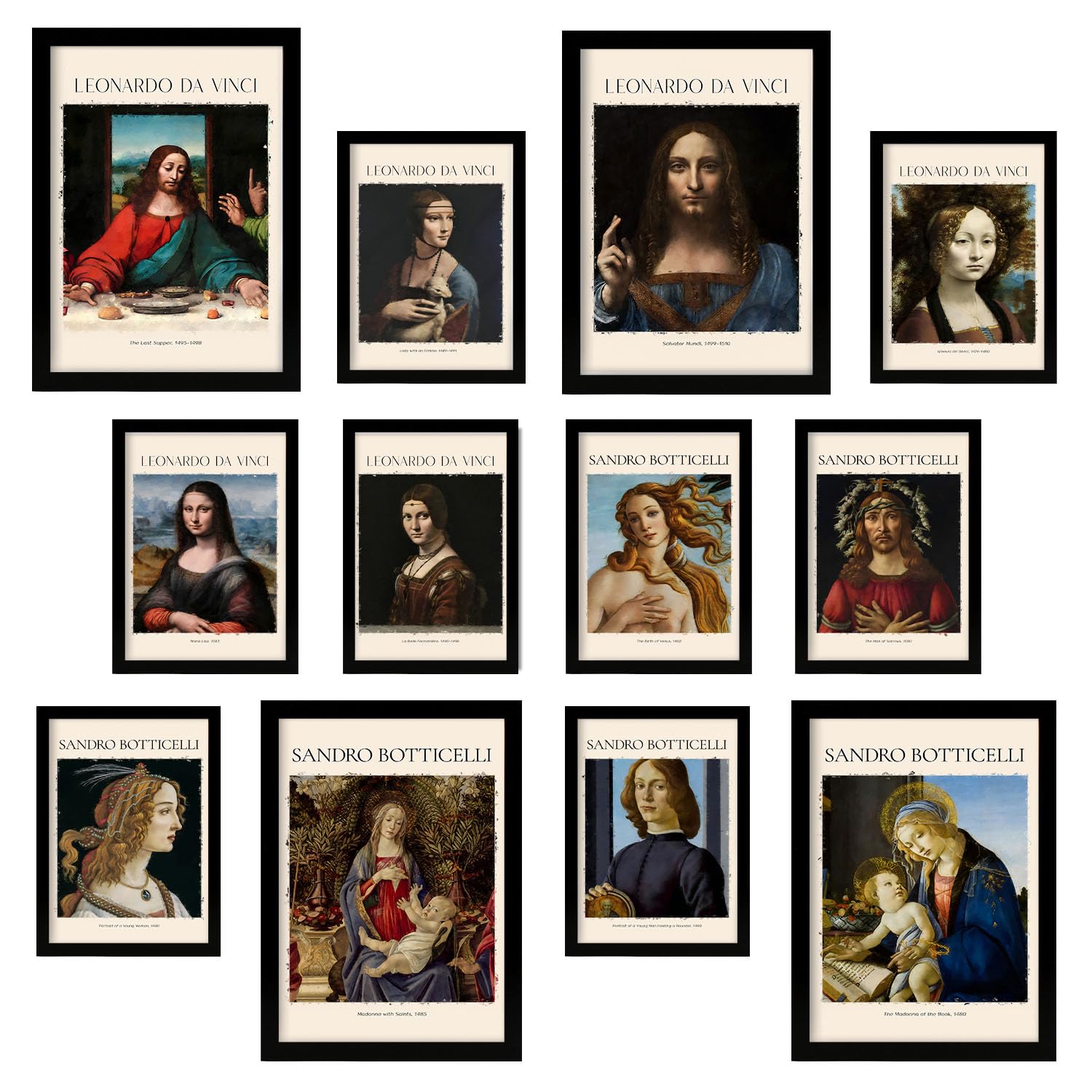 Nacnic Set di 12 stampe d'arte esclusive: capolavori di Botticelli e Da Vinci | Collezione di famosi pittori | Cornici nere | Formati A3 e A4 Poster d'arte per decorare le pareti