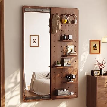 Hidden Sliding Full Length Mirror with Shelf and Hooks - Unique Storage Board with Holes - DIY Storage Space - Wall Body Mirror for Bedroom, Living Room, Dressing Room,Walnut,W40cm/15.7in