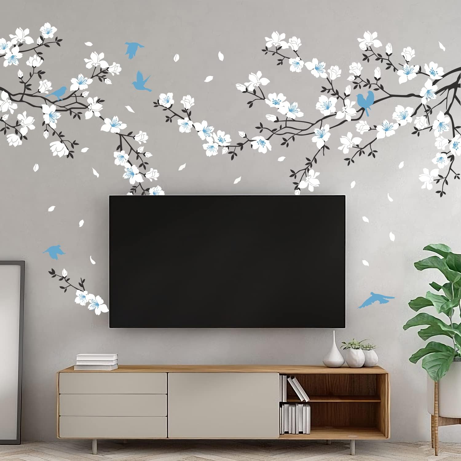 Supzone Blue White Flower Wall Stickers - Cherry Blossom Wall Decal Birds on Tree Branch Art Sticker for Bedroom, Living Room, Office, Study Room, TV, Sofa Wall Decor Home Decoration
