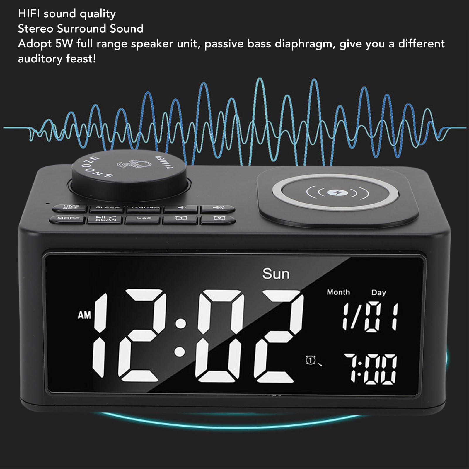 Goshyda Głośnik Bluetooth z bezprzewodową ładowarką, Radiem FM, Konfigurowalnymi Podwójnymi Alarmami, bezprzewodową stacją ładującą Głośnik HiFi Wbudowany Mikrofon, do Domowego Biura w (wtyczka UE)
