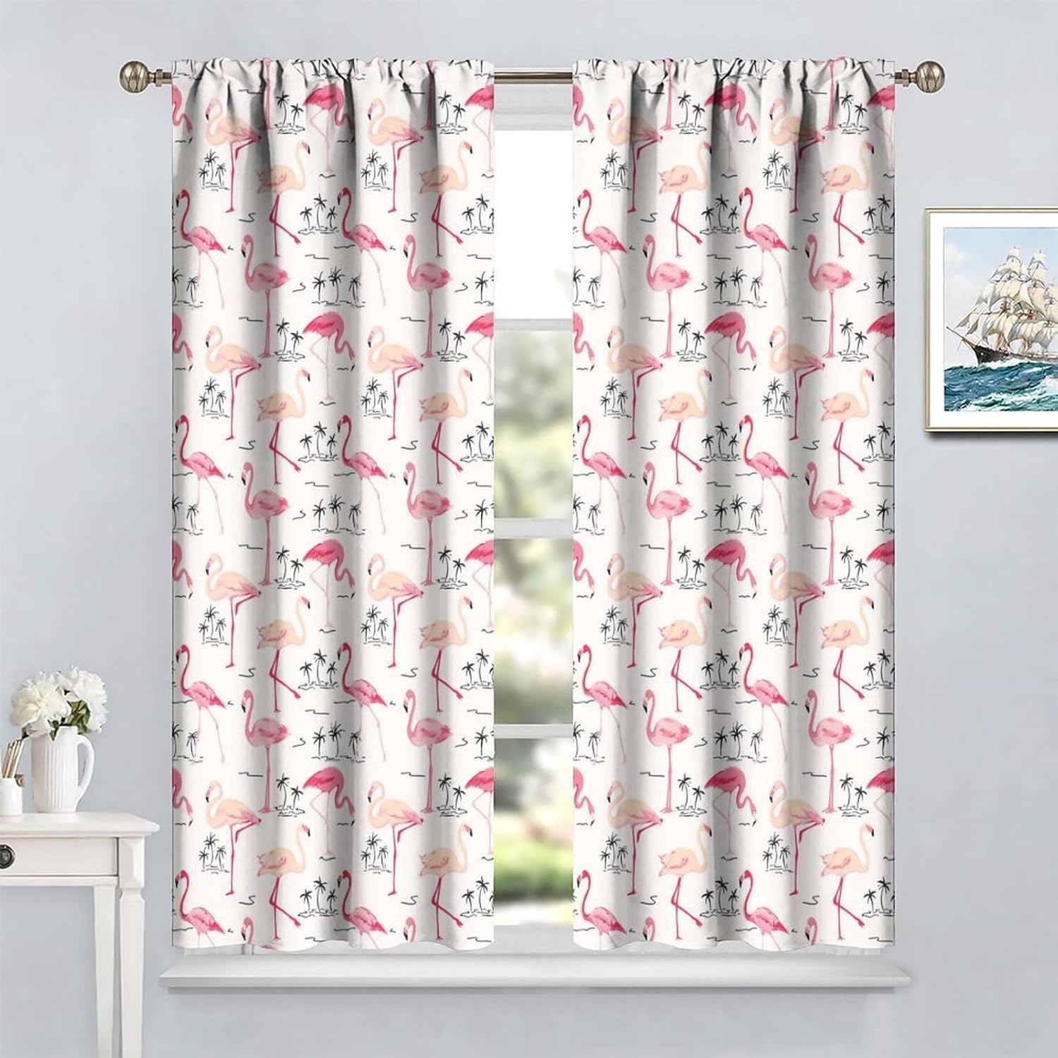 Pink Flamingo Curtains Vintage Style Romantic Animals Bird Tree Art Printed Rod Pocket Blackout Window Drapes for Bedroom Living Room Kitchen Cafe Decor W21xL54in 2 Panels