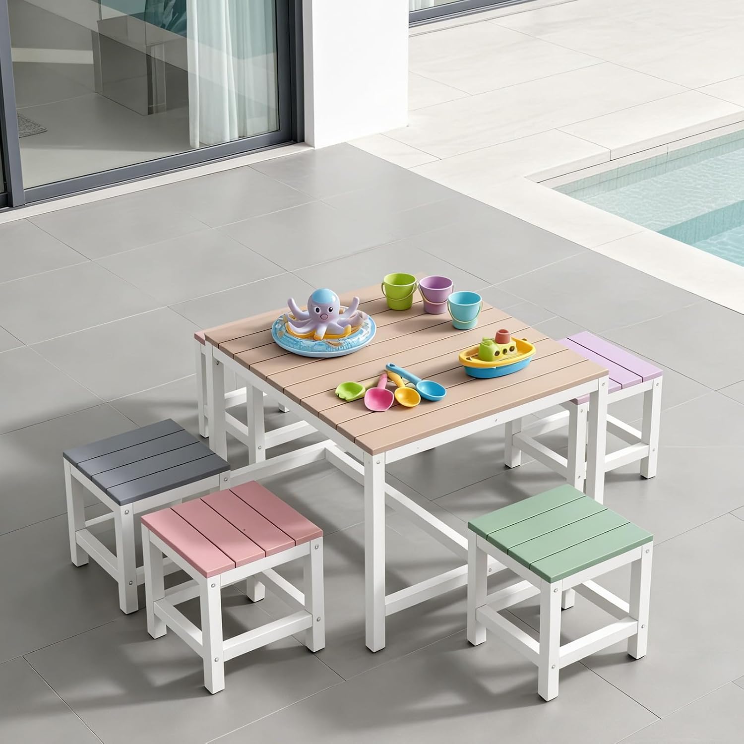 5 Piece Patio Table and Chair Set,Wooden Modern Activity Tables,Indoor Outdoor Picnic Tables Set,Wood Reading Dining Table & Stool,for Patio Backyard Garden (Khaki-Pink-Purple-Blue-Green)