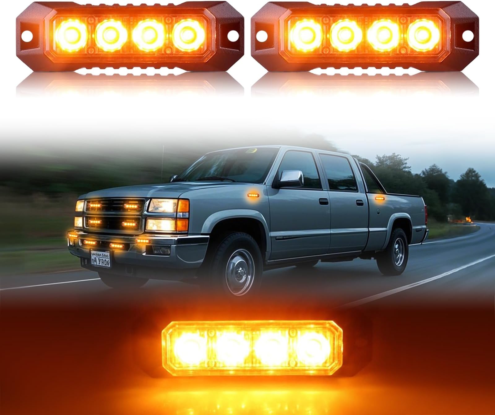 LED Emergency Amber Strobe Flashing Grille Strobe Lights for Trucks 4LED Surface Mount Strobe Beacon Hazard Warning Safety Light for Car Truck Van Off Road Vehicle ATV SUV 2PCS