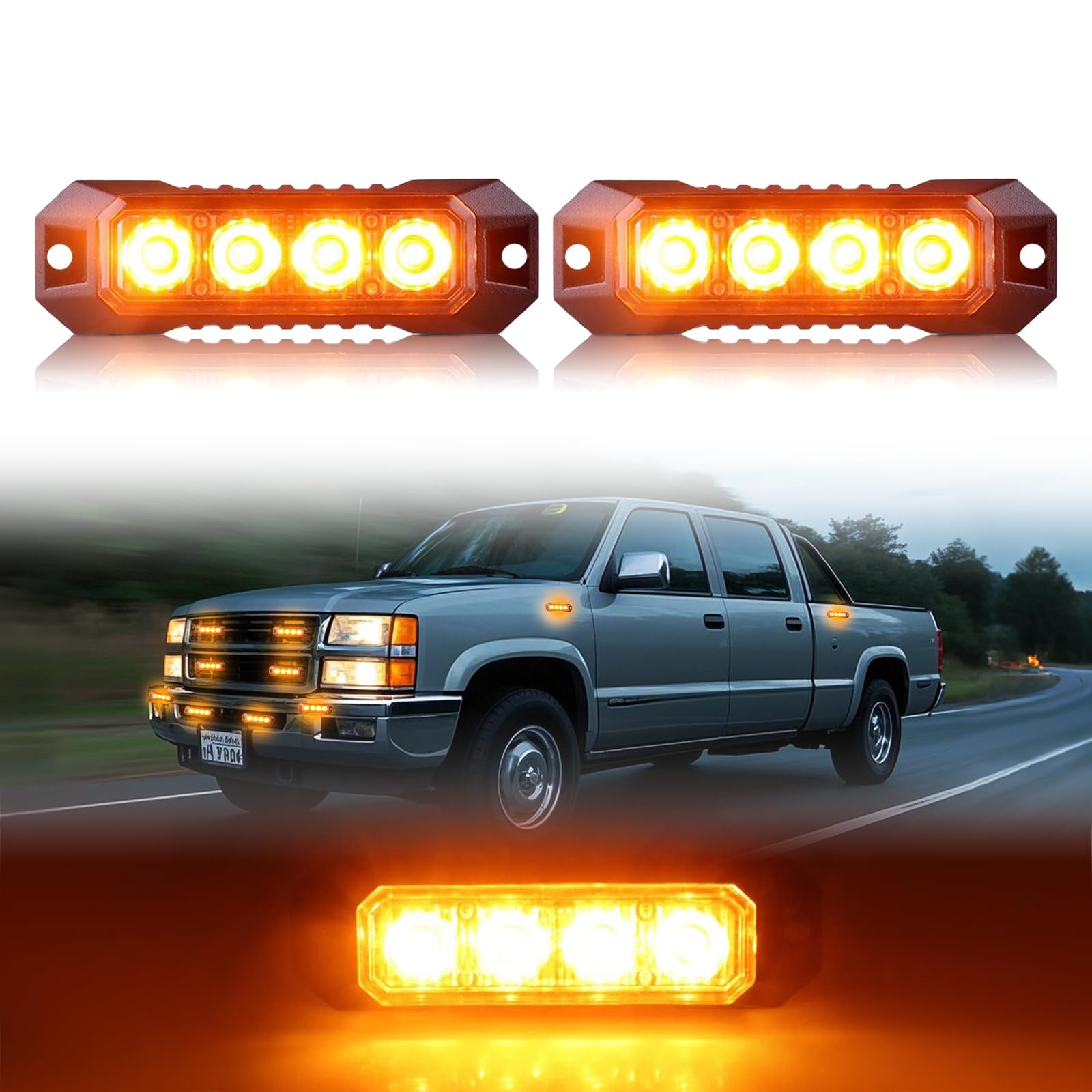 LED Emergency Amber Strobe Flashing Grille Strobe Lights for Trucks 4LED Surface Mount Strobe Beacon Hazard Warning Safety Light for Car Truck Van Off Road Vehicle ATV SUV 2PCS