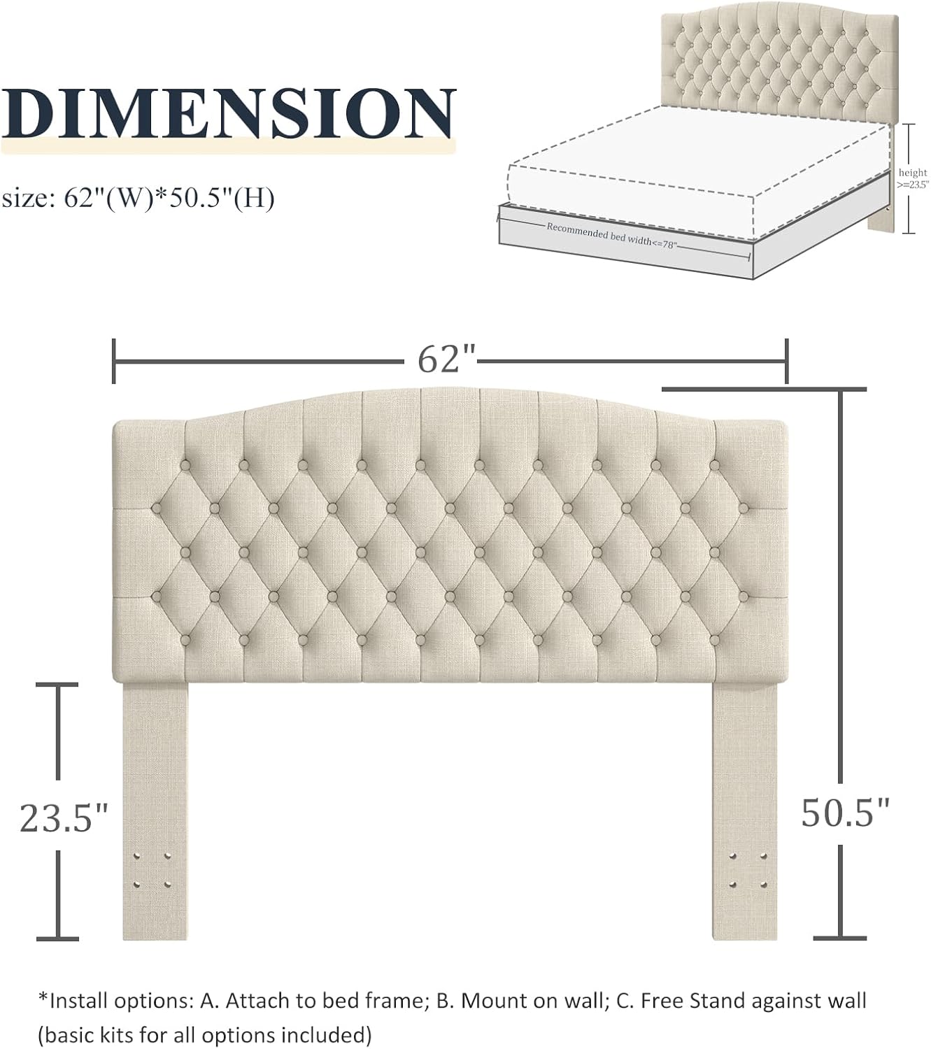 Queen Headboard Only, Upholstered Headboard for Adjustable Bed Linen Tufted Queen/Full Size Wall Mounted Head Board with Solid Wood Legs Head Board, Ivory