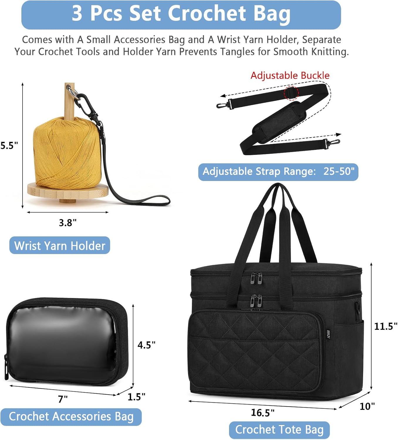 IBFUN 3PCS Crochet Bag with Wrist Yarn Holder, Large Yarn Storage Tote Waterproof Knitting Bag Organizer with Adjustable Strap for Hooks, Needles (Up to 14"), Accessories, Crochet Lovers, Tangle-Free