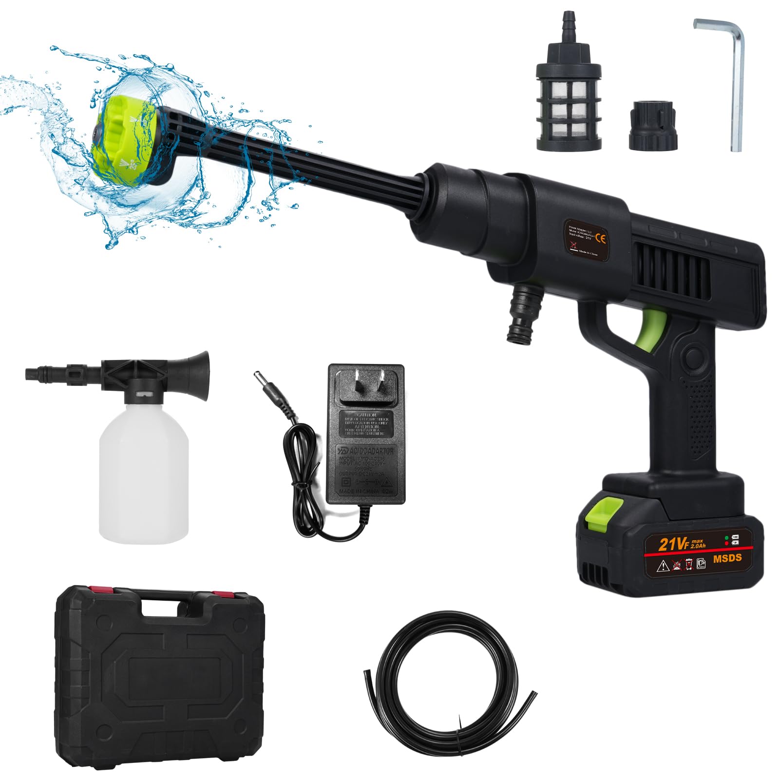 Shkalacar 21 V limpiador de alta presión con batería, pistola de limpieza a presión manual con 1 batería, batería incluida, con boquilla 6-en-1, rociador de espuma portátil para regar, limpiar, lavar