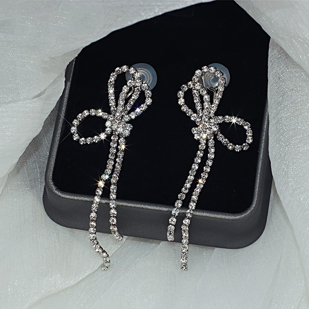 Long Rhinestone Bow Tassel Earrings for Women Sparkling Crystal Ribbon Bowknot Linear Dangle Earrings Minimalist Bow Dangling Earrings Prom Jewelry - Image 6