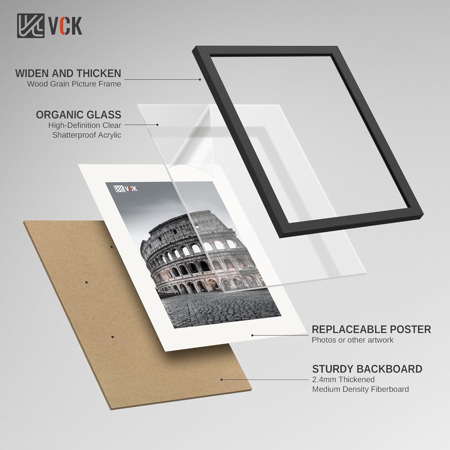 VCK 24 x 36 Inch Black Poster Frame Wood with Plexiglass Hanging Hardware Large Picture Frame for Poster Artwork Certificate Included 5 Pack