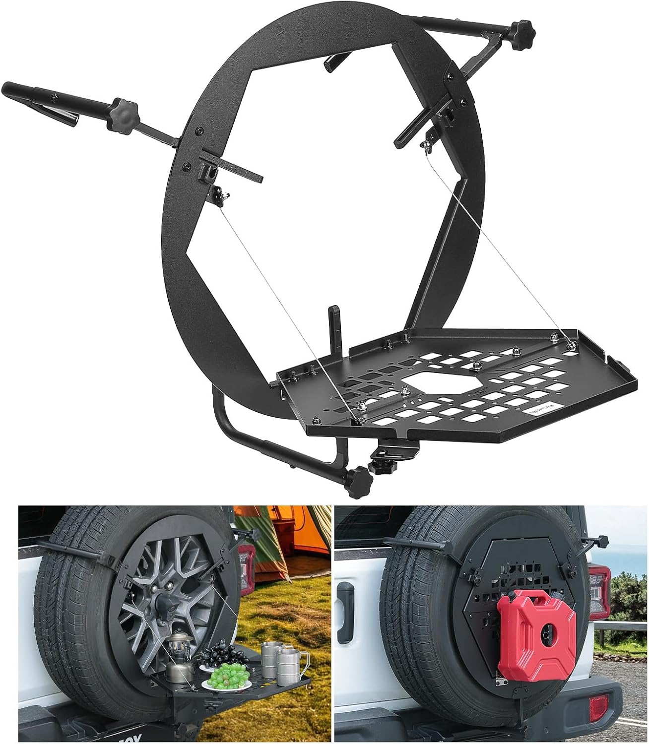 JOYTUTUS Molle Panel Fits Spare Tire 31.5"-38" Diameter 10"-12.4" Width Tires- Multi-Function Camping Table with Storage, 40lbs Capacity, Compatible with Most Wrangler Bronco SUVs