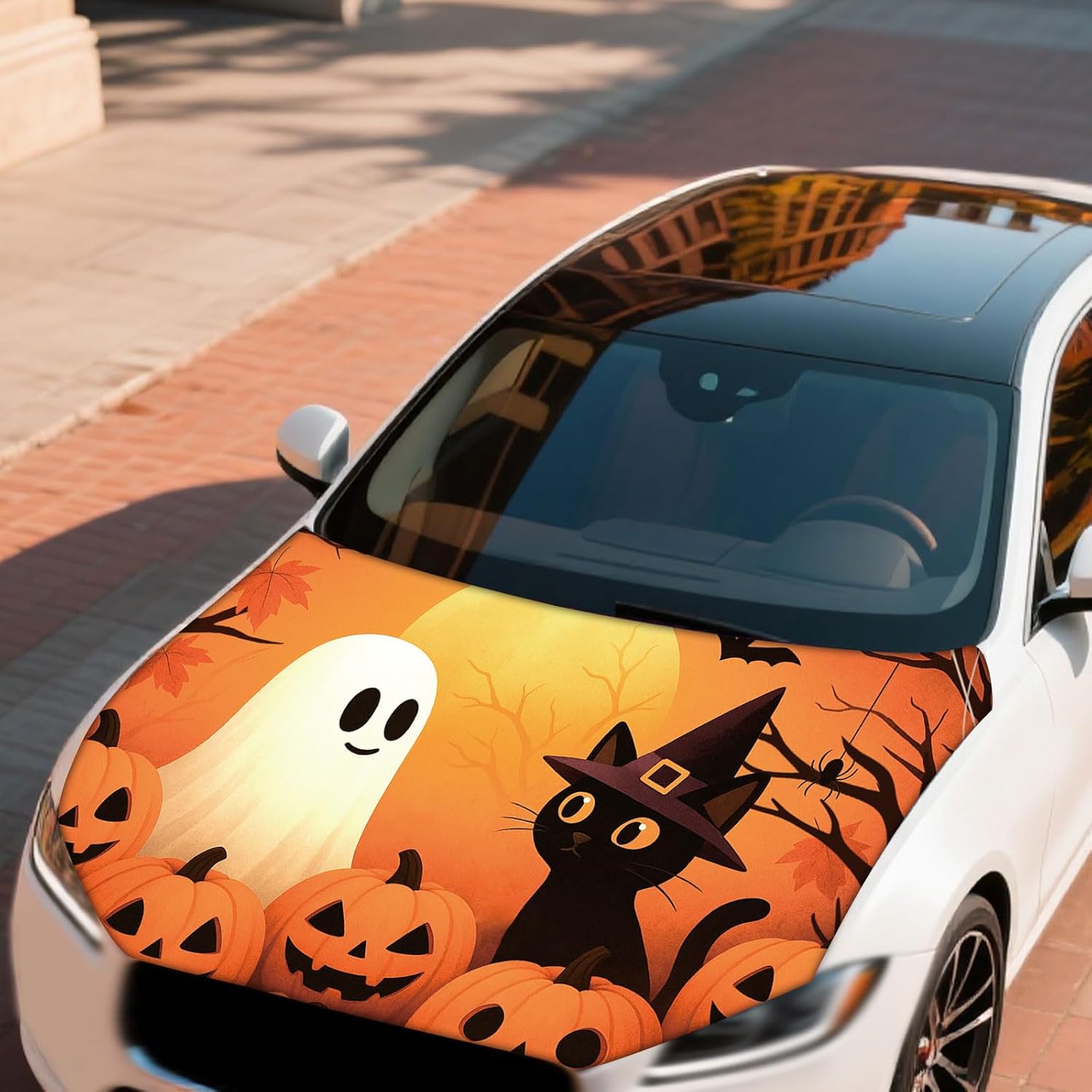 Halloween Car Hood Cover, 59.06x47.24in Car Bonnet Hood Cover Wraps with Ghost Black Cat Pumpkin Bat Moon Dead Branches Patterns and Safety Fasteners Accessories for Halloween Auto Exterior Decoration